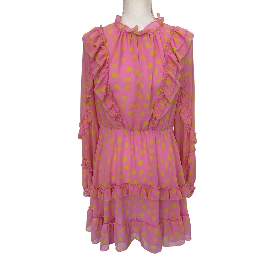 Scoop Pink Yellow Polka‎ Dot Ruffle Mock Neck Long Sleeve Mini Dress M